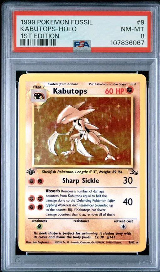 1999 Pokémon Fossil Kabutops Holo 1st Edition PSA8